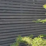 Poziome deski palone na ogrodzeniu — czarny płot z drewna palonego wśród zieleni