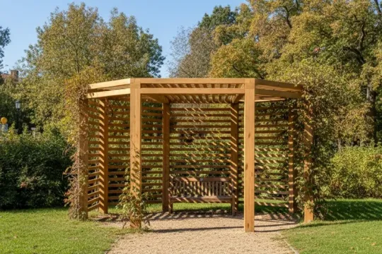 Altana z jasnego drewna z ażurowymi ściankami z poziomych listew, wewnątrz ławka, wokół park