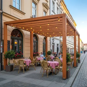 Pergola nad ogródkiem restauracyjnym przy kamienicy, stoliki w czerwoną kratę i girlandy żarówek