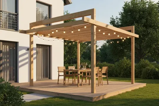 Pergola z jasnych belek przy białym domu, pod nią stół z krzesłami i girlanda żarówek