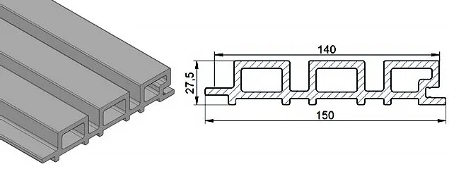 Rysunek techniczny profilu deski elewacyjnej FS15: szerokość całkowita 150 mm, szerokość krycia 140 mm, grubość 27,5 mm