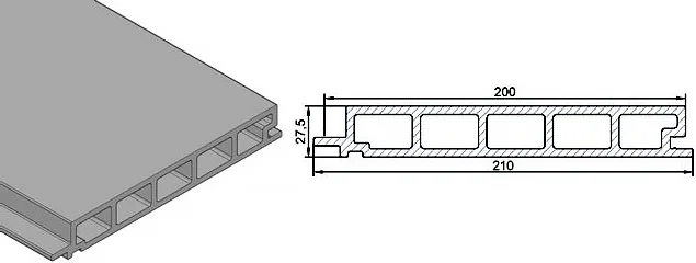 Rysunek techniczny profilu deski elewacyjnej FS21: szerokość całkowita 210 mm, szerokość krycia 200 mm