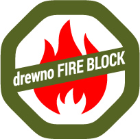 Ośmiokątna odznaka programu FIREBLOCK dla drewna konstrukcyjnego: czerwony płomień i zielona wstęga