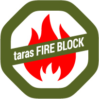 Ośmiokątna odznaka programu FIREBLOCK dla tarasów: czerwony płomień i zielona wstęga z napisem