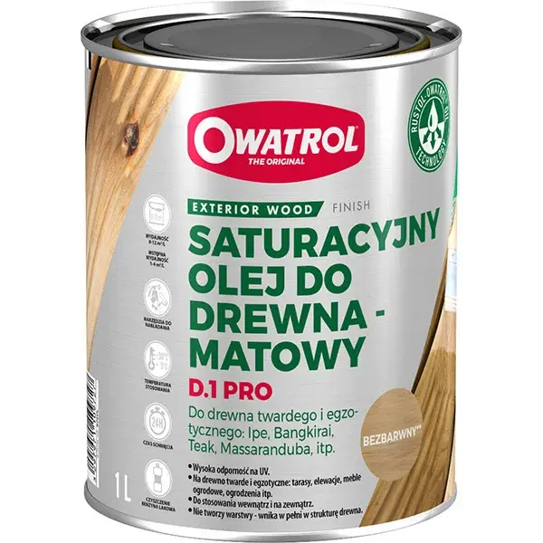 Srebrna puszka oleju Owatrol D.1 Pro z opisem: saturacyjny olej do drewna, matowy