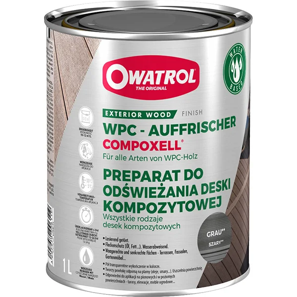 Metalowa puszka z szarą etykietą i zdjęciem deski kompozytowej w dwóch odcieniach