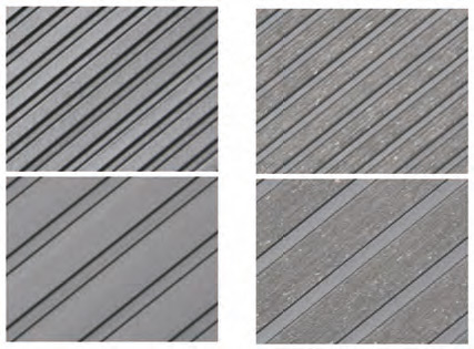 Cztery zbliżenia szarej powierzchni kompozytu zestawione w kwadracie: po lewej rowki gładkie, po prawej te same rowki po szczotkowaniu, u góry wąskie, na dole szerokie