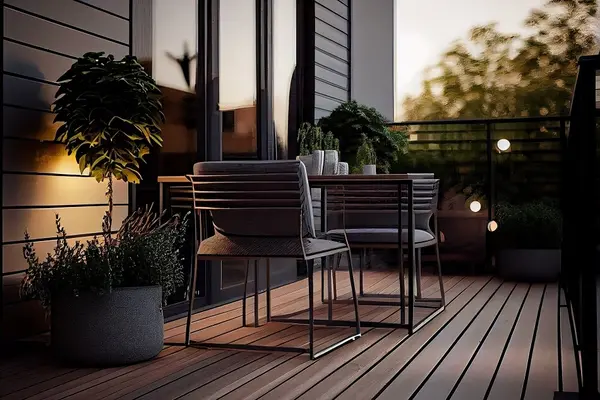 Balkon o zmierzchu wyłożony deskami, przy stole ciemne meble ogrodowe, w donicach rośliny, w tle przeszklona ściana
